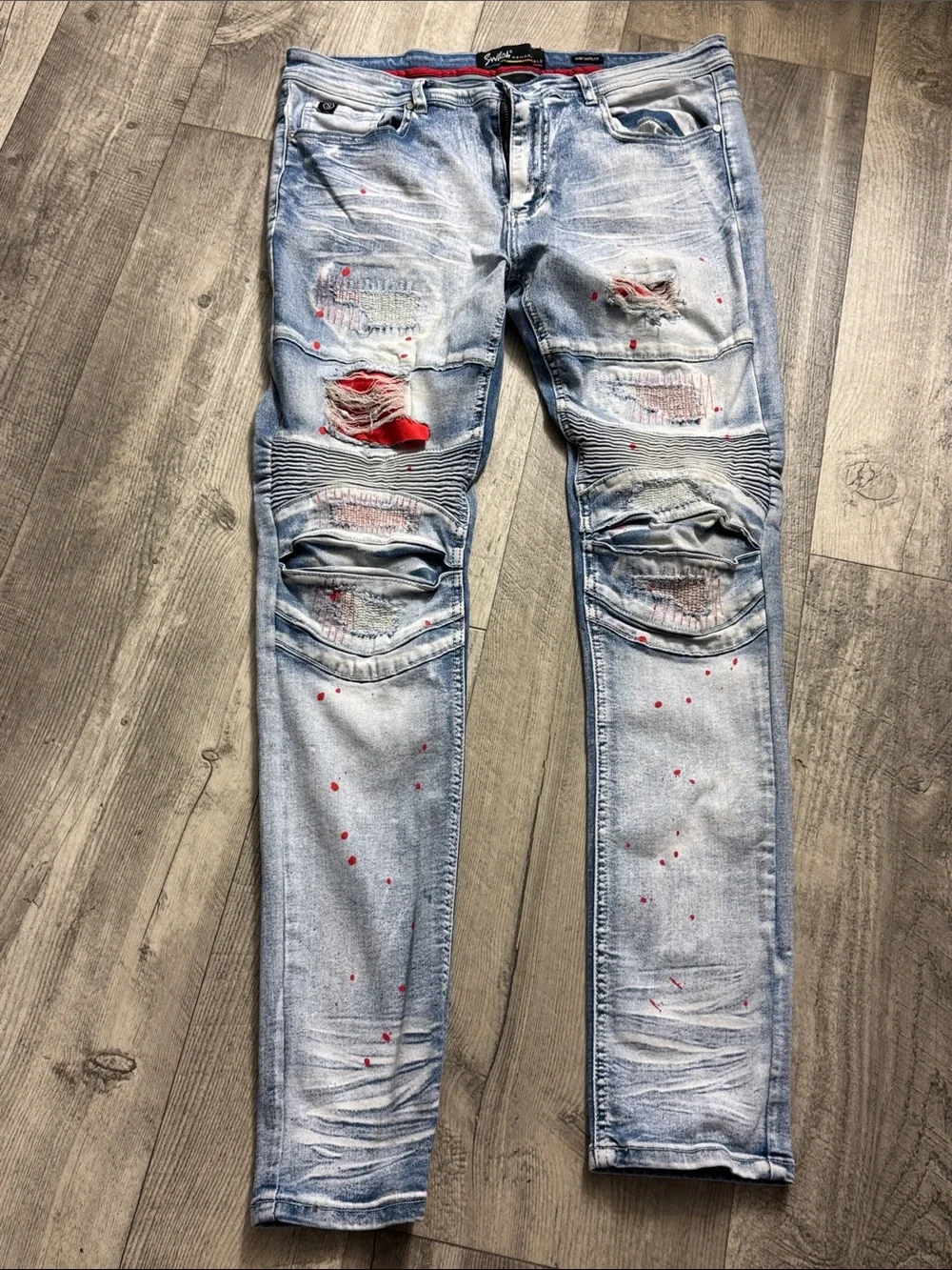 Men's Light Blue Skinny Distressed Jeans with Red Paint Detail - Picture 2 of 7
